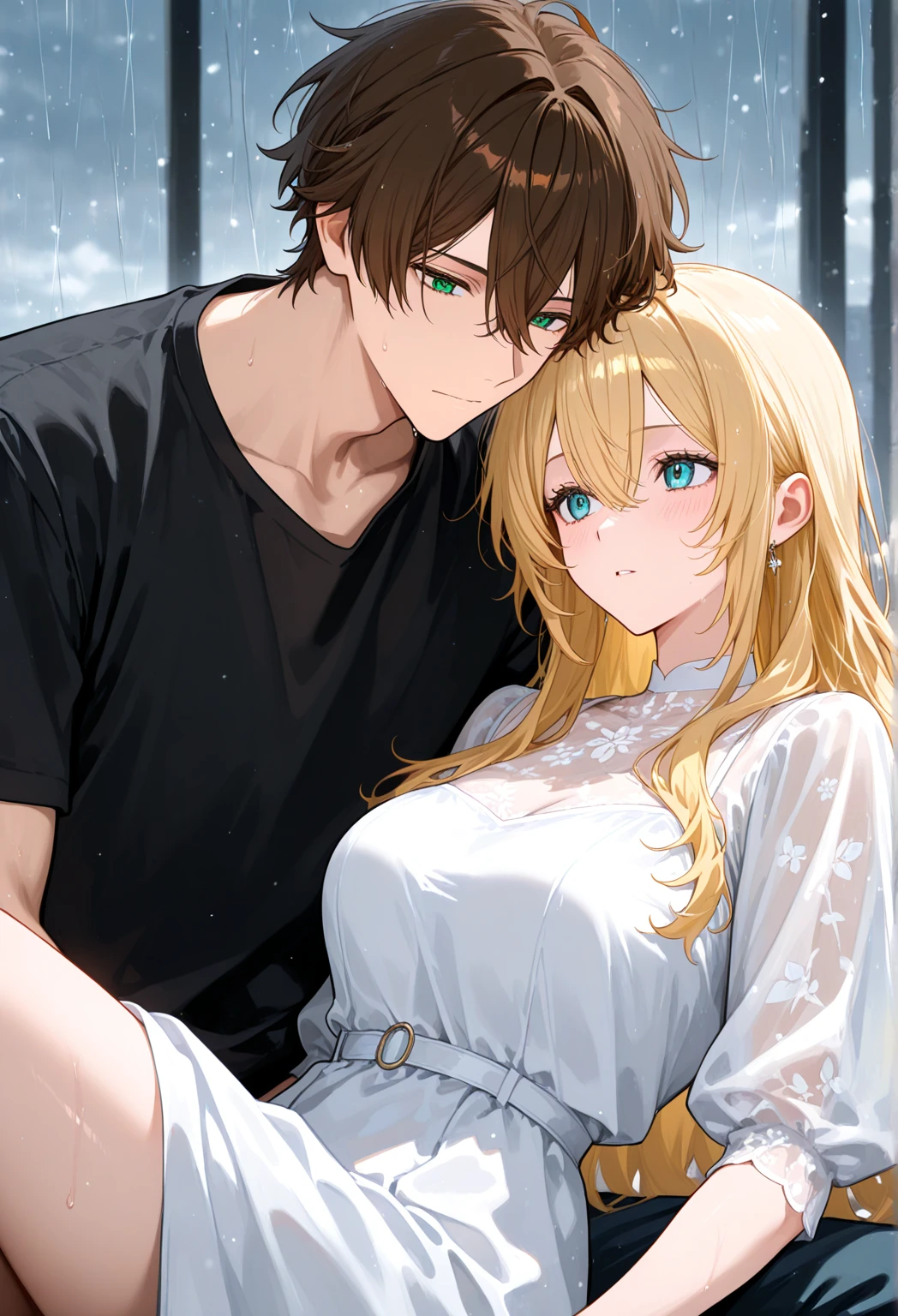 anime, a boy and a girl sitting watching the sunset, pies, view only at the feet, pies