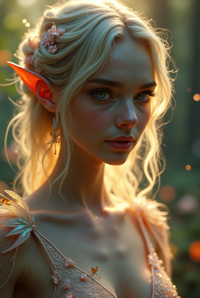 a portrait of a elf girl with freckles and bright striking blue eyes posing for a photo,full body, bare shoulders, muscular, fit, defined abs, thongs, (prominent cameltoe) white freckles, long flowing green hair flying, glowing radiance, beautiful pale makeup, color portrait, stunning portrait, elegant freckles, wearing black thongs with glowing runes of power, black gloves, star-shine, gold dust spread across her skin and her face, (dark, hyper-realistic photos (((portrait))) refraction ,Dark background of magical night forest, deep woods, towering ruins, starlight skies, A mystical and epic landscape, featuring a fantastical and surreal world of floating islands, giant trees, and mythical creatures, that transport the viewer to a world of imagination and wonder, artstation, digital art, intricate, trending, bright colors suitable for viewing in public places A masterpiece, the best quality, stunning reflections, the best reflections ever. (very detailed CG unity 8k wallpapers), (best quality), (best illustrations), (best shadows), forest theme with natural elements. Tall trees, quiet streams, small glowing mushrooms surrounded by delicate leaves and branches, with fireflies and glowing particle effects,, (natural elements), (jungle theme), (leaves), (twigs), (fireflies), butterflies, (delicate leaves), (glow), (particle effects). , Isometric 3D, Octane Rendering, Ray Traced, Super Detailed