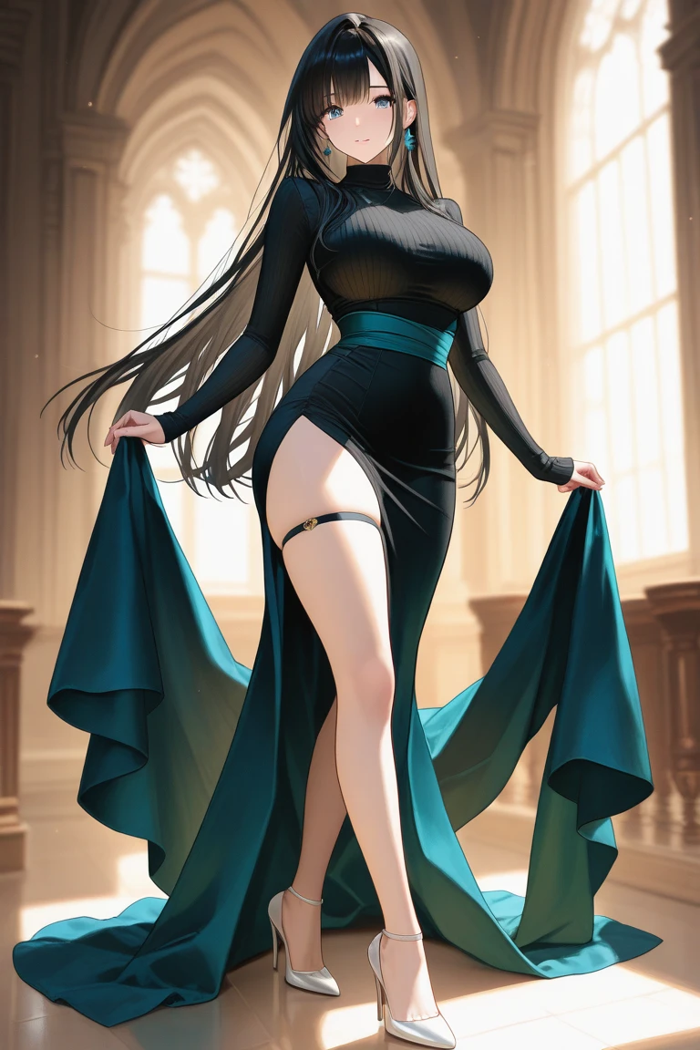 (vestido longo azul, vestido altamente detalhado e realista, natureza realista, curvy and corporeal) [pincelada requintada, cores deslumbrantes, soft lighting, atmosfera serena], (((bunda grande)))