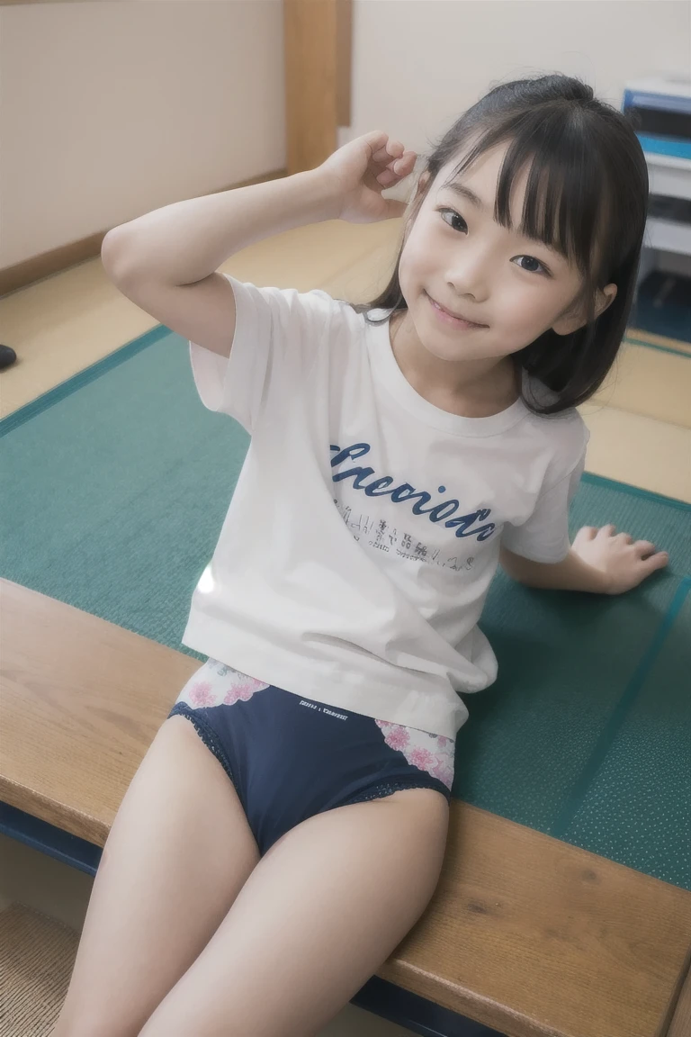 8k,masterpiece,Japanese,9-year-old girl,from the front,smile,Innocent face,Calm Eyes,Childish,Small breasts,T-Shirts,Short sleeve,Short skirt,semi-long,noon,bright,One cherry blossom