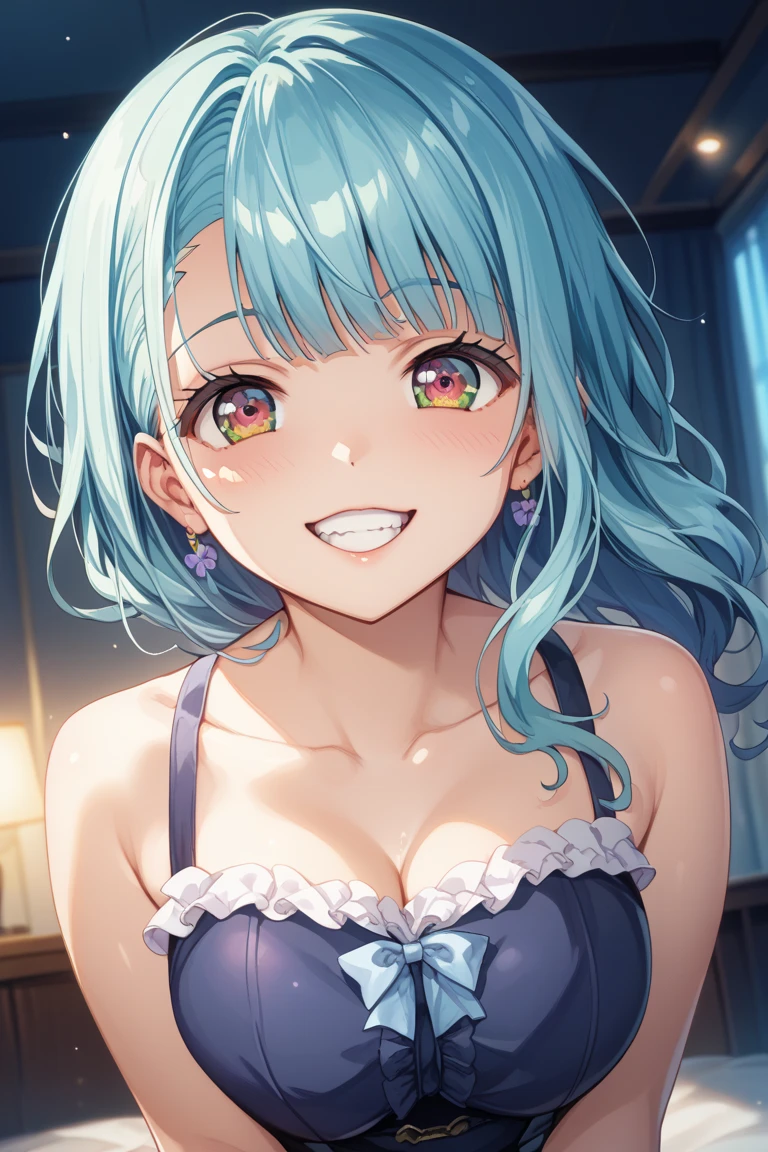 mejiro ardan,umamusume, 1 girl, young, cute face, (blush,)  light blue hair, long hair, purple eyes, blunt bangs, large breasts, thighs, beautiful detailed blue eyes, white skin, (frilled bikini,) (light smile,) (((humid,))) (((wet,))) Exposing cleavage, gleaming skin, glistening skin, oil skin,