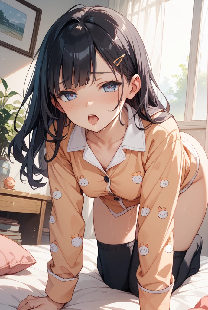Crossdressing, male character, {{brown long hair}}, green overalls, green eyes, white t-shirt with black sleeves, messy hair, big dick, NSFW, masturbating his dick
