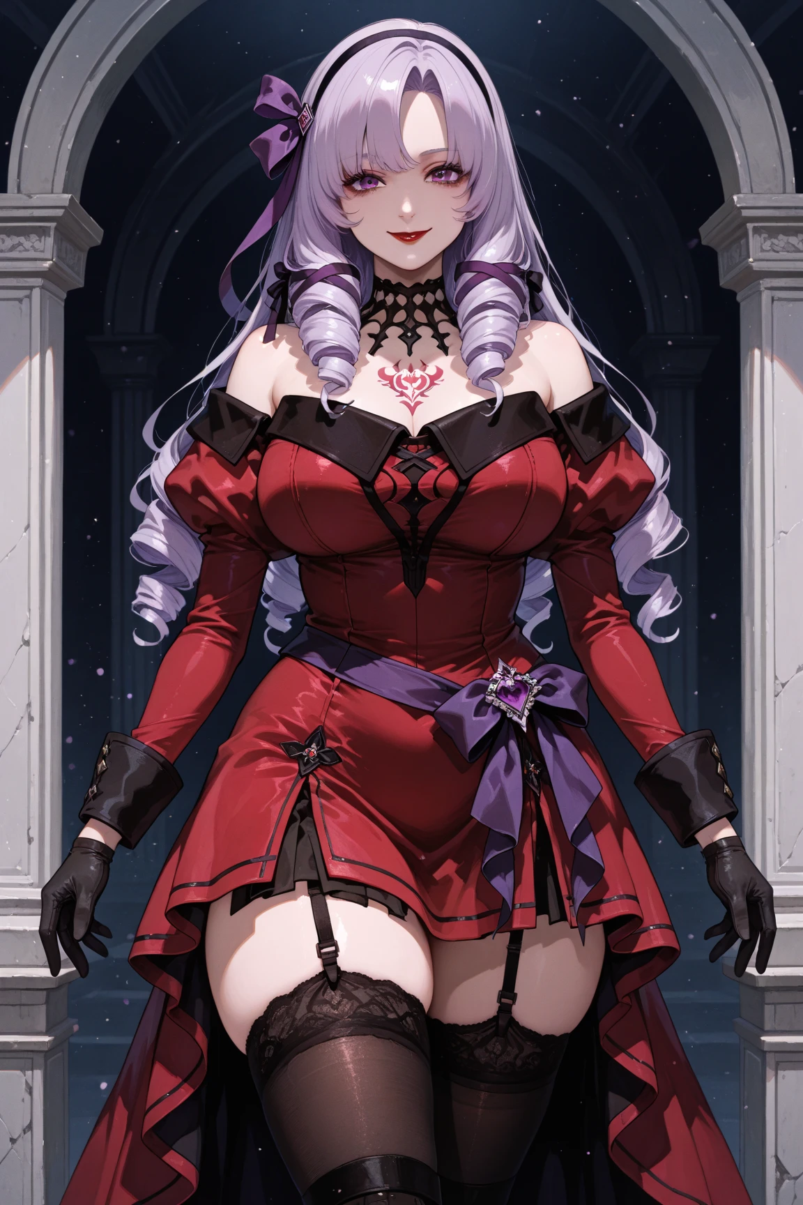 (masterpiece, best quality:1.2), 1girl, solo, Sonata, purple hair, vampire, medieval city background