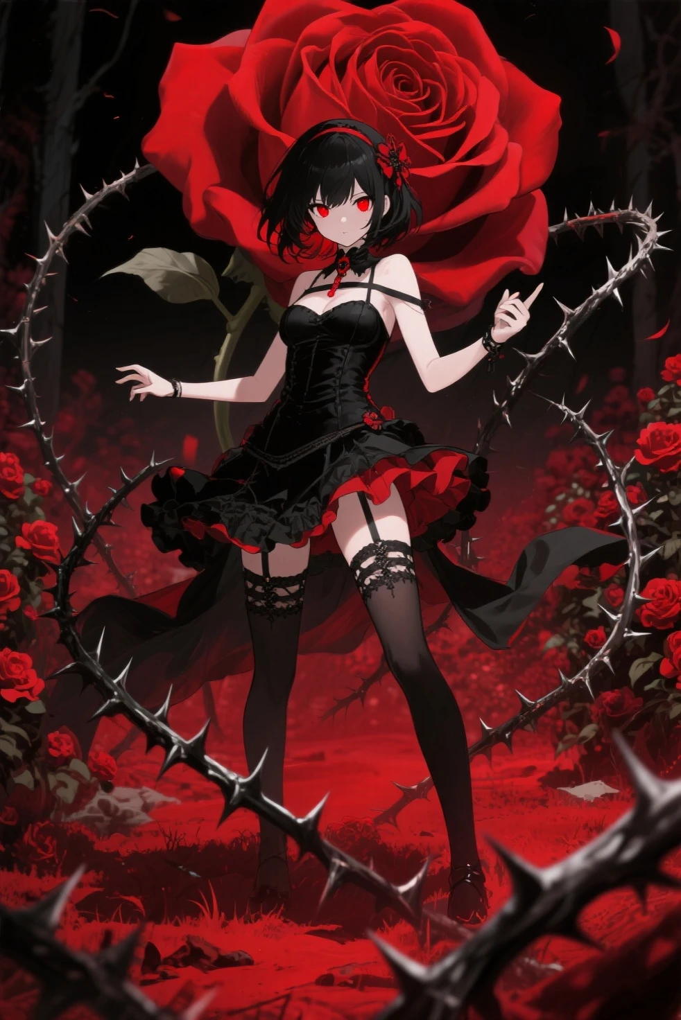 a girl with short black hair with red tips, and black eyes evil and crazy, with a heart eye patch, She is dressed in a Victorian-era shirt and dark pants. , and that your environment is dark and gloomy nature, with a serious look while holding a whip, His appearance is authoritarian and twisted, Under his feet there is a man who begs for forgiveness