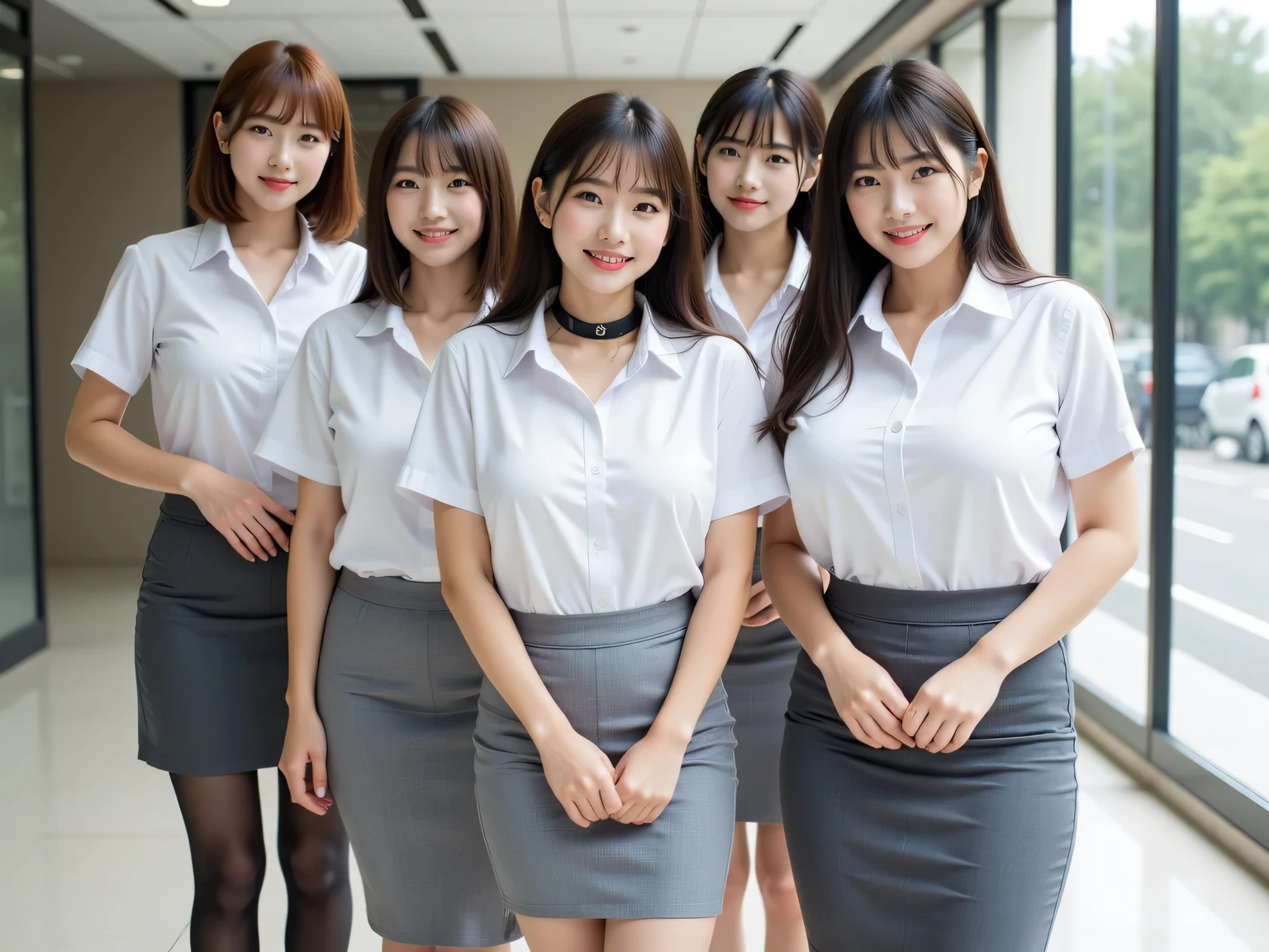 Beautiful Japanese Women Wearing Company Uniforms, Group photo、Beautiful Women in a Line、Satin White Short Sleeve Shirts, black choker, Gray pencil skirt, beautiful curves. brown hair , short hair, Sensual Smile, Seductive Smile, The lobby of a glass-walled building, anatomically accurate, Textured Skin, 、Big breasts、非常にBig breastsの膨らみ、slim body、slim body型、big boobs、Big breasts、Beautiful legs、Flesh-Colored Pantyhose