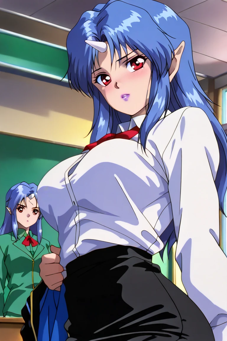 NSFW, masterpiece, (best quality: 1.2), long hair, blue eyes, green hair, worns, big breasts, evil_smile, sexy, ((NURSE)), red lipstick, fishnet stocking, ((seducing a boy)), breast-feeding, 1boy, boy touching woman, boy groping woman