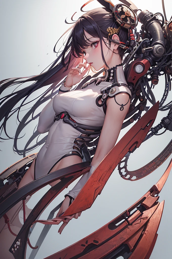 (((Masterpiece))), ((Best Quality)), (Super Detail), (CG Illustration), (Very Evil and Beautiful)), Cinematic Light, ((1 Mechanical Girl)), Single, (Mechanical Art: 1.4), ((Mechanical limb)), (Blood vessel attached to a tube), ((Mechanical spine attached to the back)), ((Mechanical cervical vertebrae attached to the neck), (Back to the viewer)), expressionless, ( Wires and cables attached to the head and body: 1.5), Science Fiction, Apocalypse, Ruins, (Lower Body Integrated with Mechanical Devices), (Blood: 1.5), Cruelty, Absurdity, Eroticism, Fusion with Machines, Doomsday Time, Super Future, Inorganic, Laboratory, Restraint, (Beautiful Indulgence: 1.2), (1 Girl: 1.3), Body Wrapped Around Mechanical Tentacles