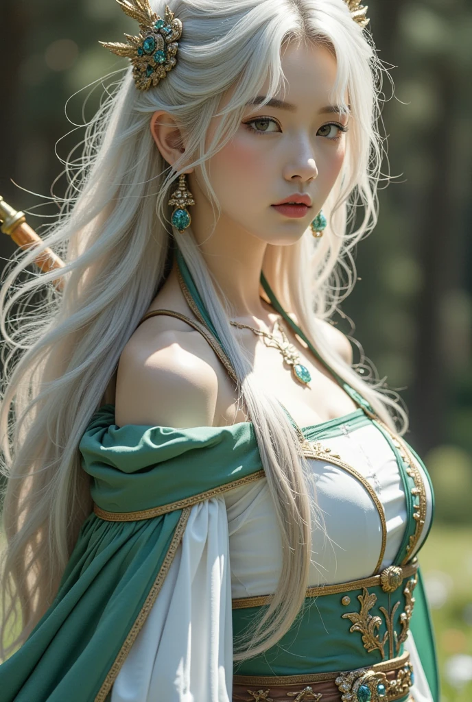 "Create an image of Kindred from League of Legends by Riot Games in their classic outfit, with Lamb wearing her white, mystical mask and flowing blue garments, no having clothes,having massive k-cups:1.55. Wolf is a shadowy figure with sharp, ethereal features. They are in an enchanted forest with glowing spirits and ancient trees, in an attractive pose with Lamb aiming her bow and Wolf lurking protectively."