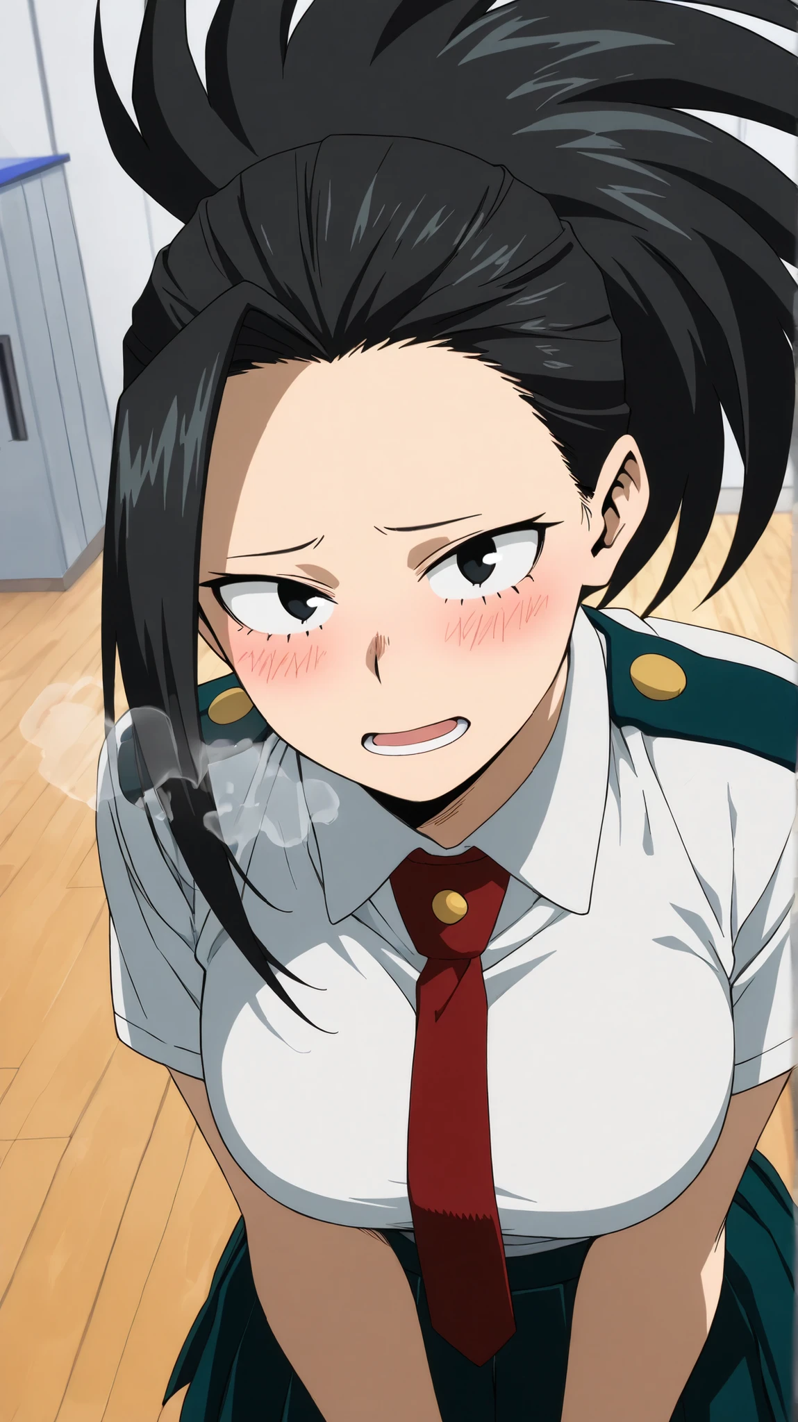 yaoyorozu momo,my hero academia
High quality , best quality , masterpiece, High Resolution , detailed face( LoRA: yaoyorozu),anatomically correct, detailed hair Style( LoRA: yaoyorozu),anime Coloring
solo, 1 girl
, long hair, bangs, black hair, ponytail, black eyes, high ponytail, wide ponytail,,
, school uniform, White collar shirt, green skirt, Red tie
looking at viewer ,close up,
,,training room
,shy,blush,open mouth, embarrassed, Exhalation, rough breathing