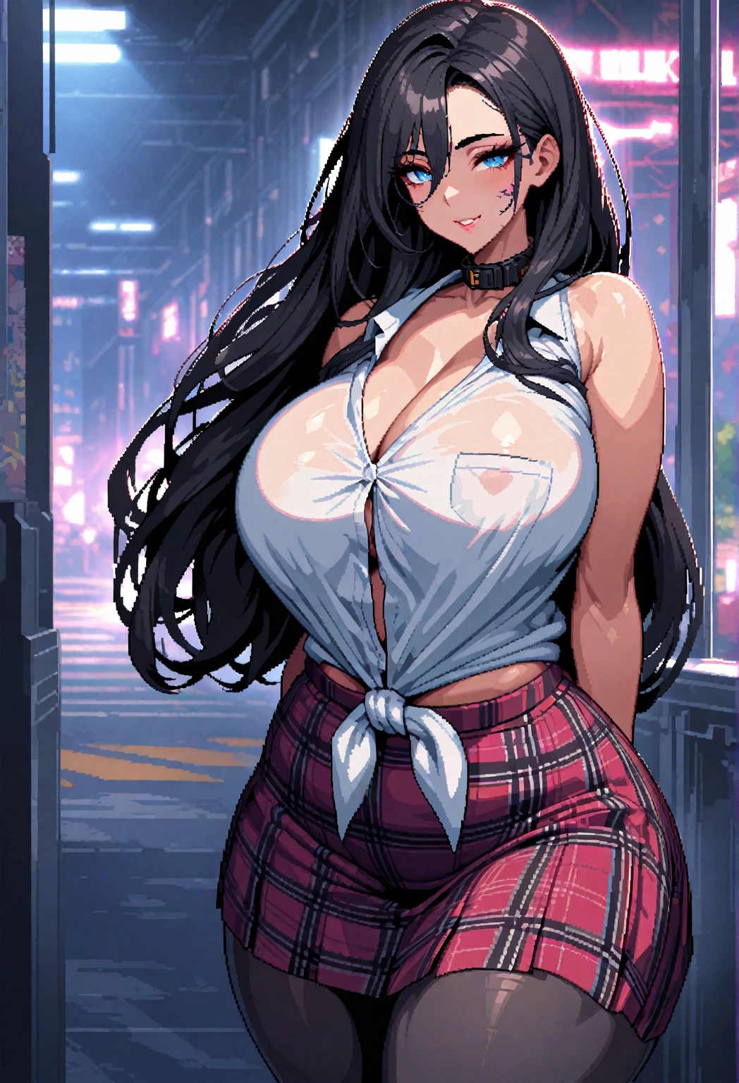 ((adult woman with 2 naked)),(long black hair, smile)),((hairy pussy, very large pussy piercing, chest piercing, big breasts, in a mini skirt without panties and open blouse, on the street, in night,standing