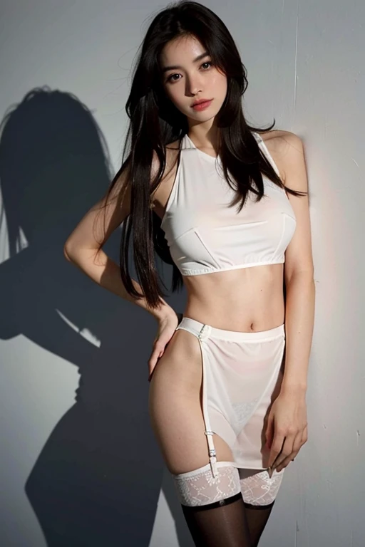 8K Ultra HD、Digital SLR Camera、soft light、high quality、Volumetric Lighting、frank、photo、high resolution、4k、8K、Bokeh,Rich details on the eyes and face,Warm colors, Extremely saturated colors,Show a faint smile, Pretty Face,Create stunning images of real girls, warm light, Dynamic poses, Elegant Posture, Cowboy lens, front看起来自信,Posture dynamic,front,Standing posture,Open your legs slightly,Simple and plain background,Chinese female college students,Golden ratio figure,Minimalism, Transparent and visible skin, Transparent clothes,Ice silk see-through swimsuit,Flowing mesh cape,Tulle fluffy skirt,High waist,Brown hair、Gradient hairstyles,Cyberpunk hairstyle,(Sexy,Perfect breast shape、Very detailed breasts,34E cup),(Clear knee-length socks、Garter、Garter、腿部Garter)