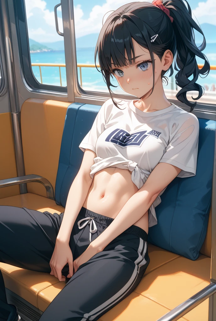 (short cute girl,small young student,young delicate girl),(masterpiece,Top quality),Pastel hoodies,sports bra,black hair