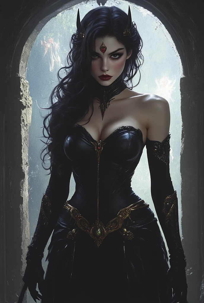 (Beautiful painting of a perfect female vampire with a slender figure and large breasts,) shapeless long hair cascading in waves, (perfect features accentuated by an extremely baroque vampire corset), dramatic cowboy-inspired pose, (abstract beauty embodied in near perfection), (pure form radiating ethereal allure), dynamic pose enchanting the viewer, (ethereal background bathed in deep dark shadows), (strong cinematic lighting bringing out the vampire's alluring features), (back lighting creating dramatic contrasts), masterpiece concept art by Greg Rutkowski, John William Waterhouse, and Alphonse Mucha, (