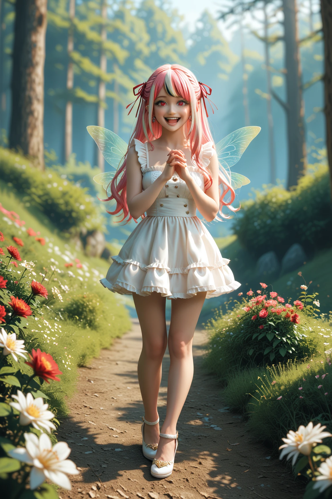 Cute little fairy, long hair, light pink sparkly hair, sparkling, pointed ears, sunlight, dress made of leaves, transparent wings, beautiful blue butterfly, big flower, leaves, smiling gently