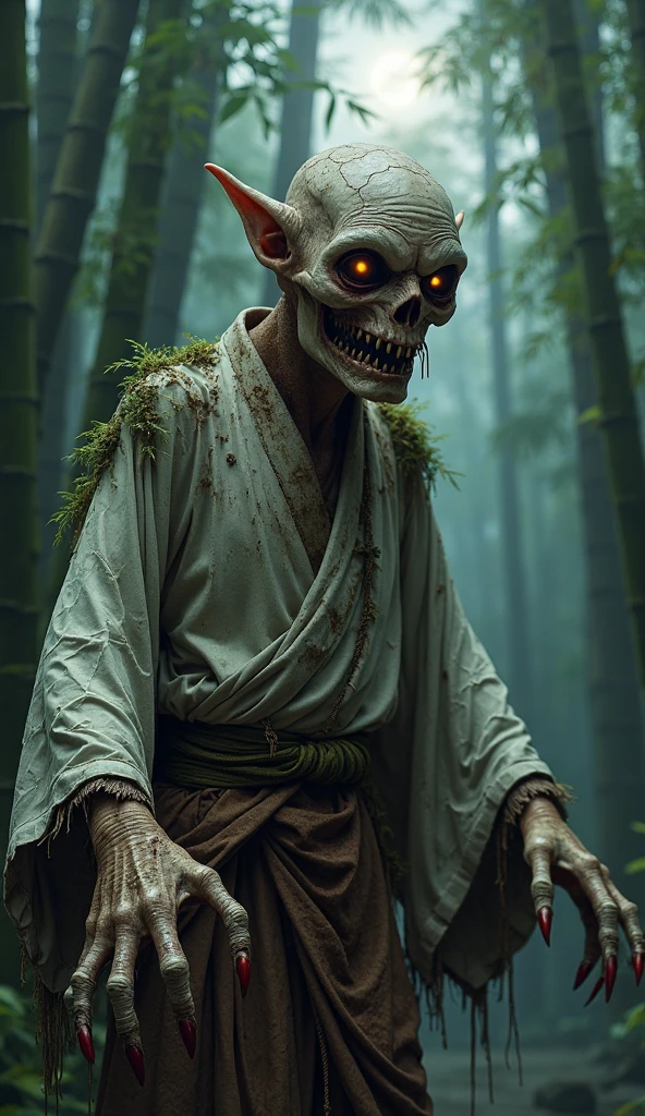 8k、Ultra HD、Horror-themed movie stills,夜の町の中央にCreepyに立っている、A short, skinny old man with a big head wearing a kimono、Alien head shape、Carrying a walking stick、Shallow depth of field, Vignette, Very detailed, High budget, Bokeh, CinemaScope, Sulky, amazing, nice, Film Grain, granular . Creepy, Anxious, dark, Creepyな, Suspenseful, strict, Very detailed