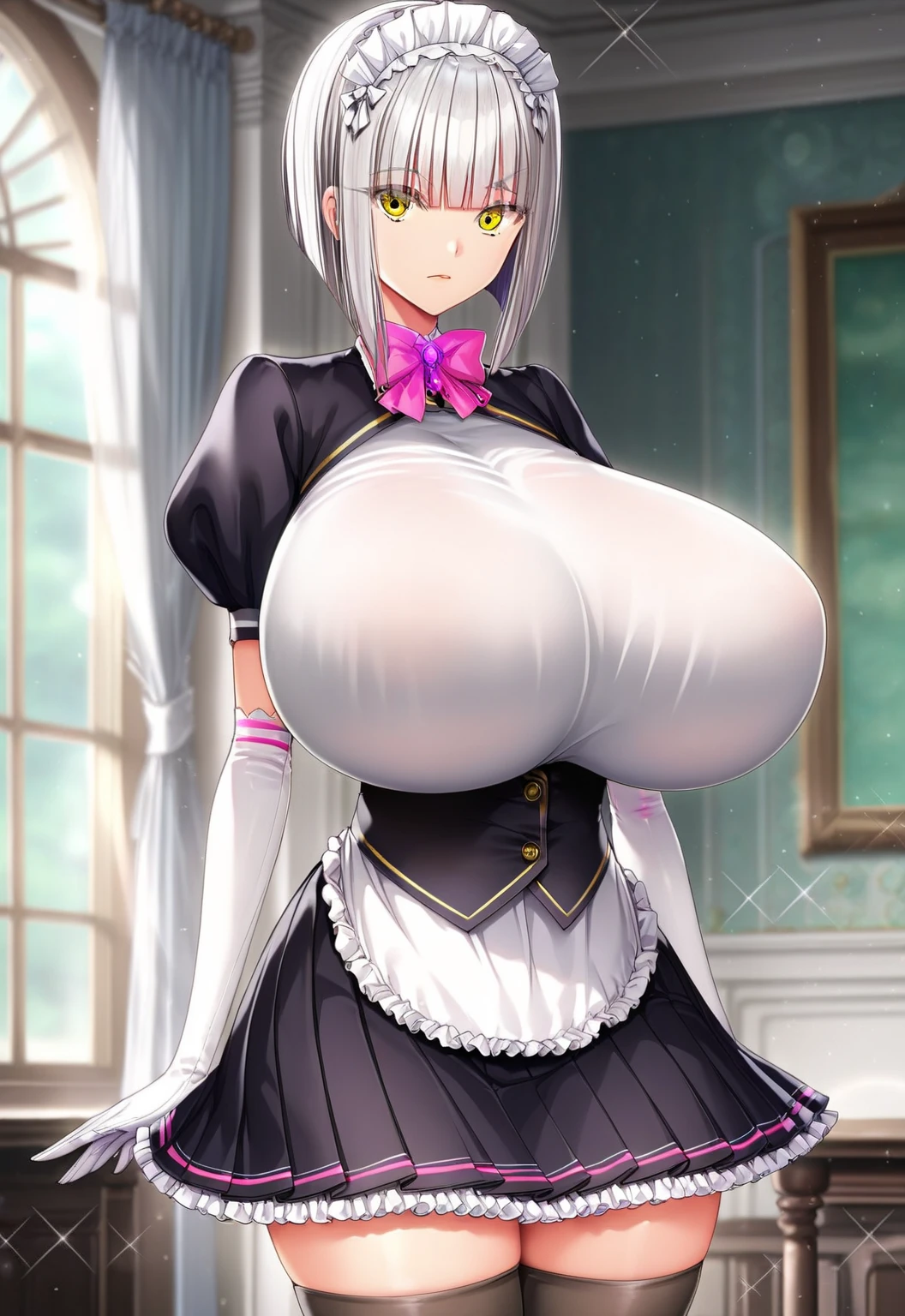 (best quality). (Ultra Detalhado). (1girl), Olhando para o Viewer. (Antecedentes detalhados). belos olhos detalhados. rosto delicado e bonito. (high saturation), seios grandes, droopy breasts, (((sexy maid lingerie))), (((long legs))), (((gigantic breasts))),
