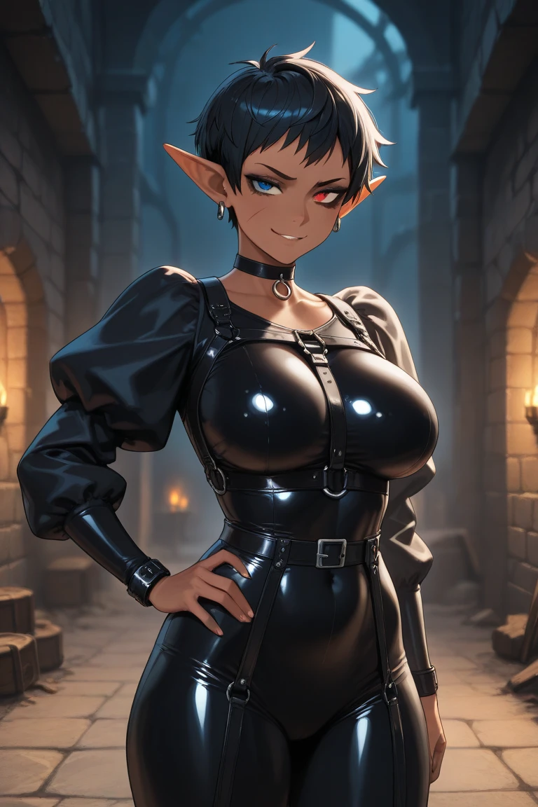 ultra detailed, anime girl, full-body portrait, leather armor, half-elf, raven black fauxhawk hairstyle with shaved sides, heavily freckled face, nose ring, dark red eyeshadow, single slashing scar across left cheek, opal colored eyes, coy smile, faded black and white neck tattoo of a beholder from dungeons & dragons
