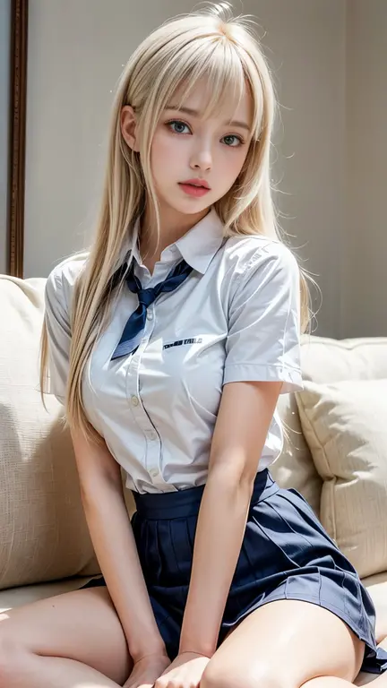 Mix 4, (8k, RAW Photos, Highest quality, masterpiece: 1.45), (Realistic, photoRealistic: 1.37), kitagawa marin,  (Blonde, Pink gradient hair), ((Long Hair, Sink bangs,Colorful Hair, Red eyes)),Pose like a model,Japanese women, 16 years old,high School student、Model body type, (Big Breasts:1.3), Narrow waist, Beautiful Face, Beautiful Eyes, Multiple simple dot earrings on earlobe, Cartilage rod piercing, White shirt, Shirt with tie, Black choker,  Blue tie, Checked skirt,  ニヤリと笑うsmile, カウボーイshot, inside the School、classroom、hight School, 1 girl, alone, Detailed face and eyes, Upper body photo. Realistic, Realistic.Marin Gyaru,School_uniform, Embarrassed look, (((( M-shaped feet, please look )))), (Please spread your legs wide and show me: 1.5), Real nipples, Genuine open, Browsing Caution, (erupt from pussy:1.2),(erupt:1.2),(A puddle of pussy juice:1.15)(smile:0.7)、((shot))、((Crotch close-up:1.2))、((Pictures that emphasize pussy))、Real Pussy