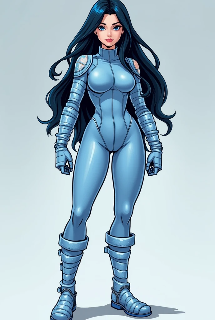 masterpiece, high quality, best quality, 1girl, solo, (muscular female:1.0), (super gigantic breasts:1.0), (closed mouth, half smile), harah, long hair, brown hair, blue eyes, dark skin, large breasts, earrings, (black and blue color-blocked bodysuit:1.50), (((blue on the sides and black on the middle of the bodysuit:1.5))), lips, blue sclera, anime screencap, anime key visual, (fully clothed:1.0), full body <lora:Harah:1.0>