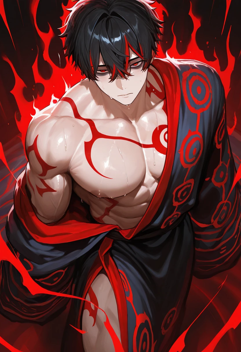 absurdres, highres, ultra detailed, HDR, masterpiece, best quality, Ryomen Sukuna, black hair, expressive red eyes, Jujutsu Kaisen, solo, sexy man, handsome, black scarf, white kimono, red blood , red moon, magical, pink hairs, yuji Itadori's body takeover, domain expansion