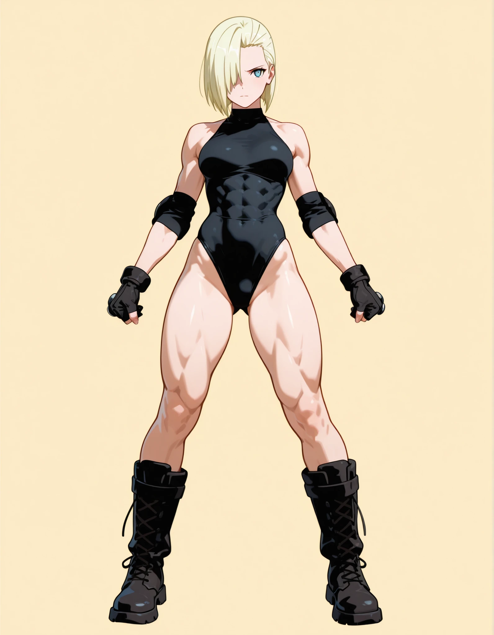 masterpiece, best quality, highly detailed, 8k, (pure grey background:1.2), anime, (2D:1.1), (1girl:1.2), 30-year-old queen, (athletic body:1.2), abs, (muscular:1.2), beautiful face, shining eyes, (long legs:1.2), blonde hair with double ponytails, big breasts, wearing black stockings, wearing black thigh boots with high heels, slender waist, tight butts, dynamic pose, opening mouth, korean idol, (full-body image:1.2), (showing off her body:1.2)