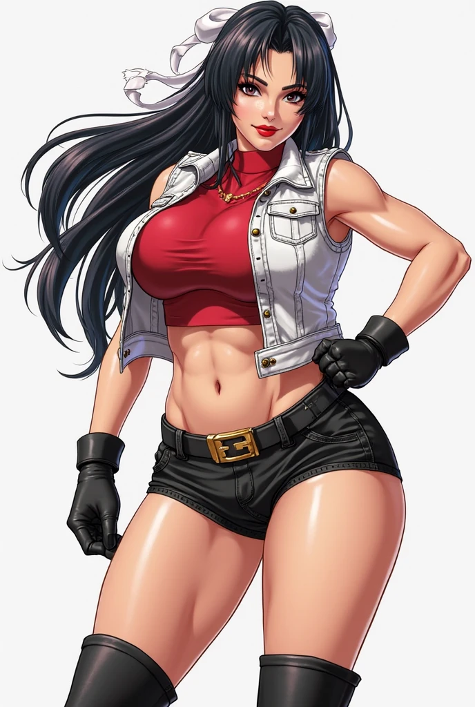 Melhor qualidade, mulher de cabelos pretos compridos, top preto com decote, middlebreasts, olhos vermelhos brilhantes, cabelo preto com uma mecha vermelha, colar com uma torre do xadrez branca, pose sexy, low glued pants, jeans preto, angry expression with a smile at the corner of his mouth, pose de lado, chapeu de pirata, batom vermelho na boca, bonita