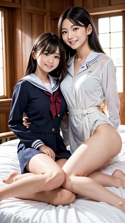 8k, RAW Portrait (Japanese women),masterpiece、Photorealistic:1.3、Realistic, Ultra-high resolution, Highest quality, Real Life Photos ,
((((2 girls:1.5)))), (((On the bed of a luxury love hotel)))、(Cute Face:1.3)、日本の2 girls,((Two Japanese high school girls))、((Two real high school girls))、((Japanese high school sailor uniform:1.6))、 ((Short sailor suit with a visible navel:1.6)),blonde,Slender body,In the room、
big, beautiful, beautiful目, Black Hair,(Written boundary depth:1.3)、 ((Dark brown eyes:1.2))、(Realistic skin texture:1.3)、(Immersive atmosphere:1.2、Chiaroscuro:1.2) 、(View Audience:1.3)、((Bewitching Smile:1.3))、((From belowの天井:1.2))、((She's wearing tiny silk panties))、((Panty shot))、((A woman rolling up her skirt:1.5))、((From below:1.15))、((Crotch close-up:2.2))、((Panty shot))、((Spread your legs wide:3.5)),((Showing your panties to the audience:1.7)),Ecstatic expression:1.3