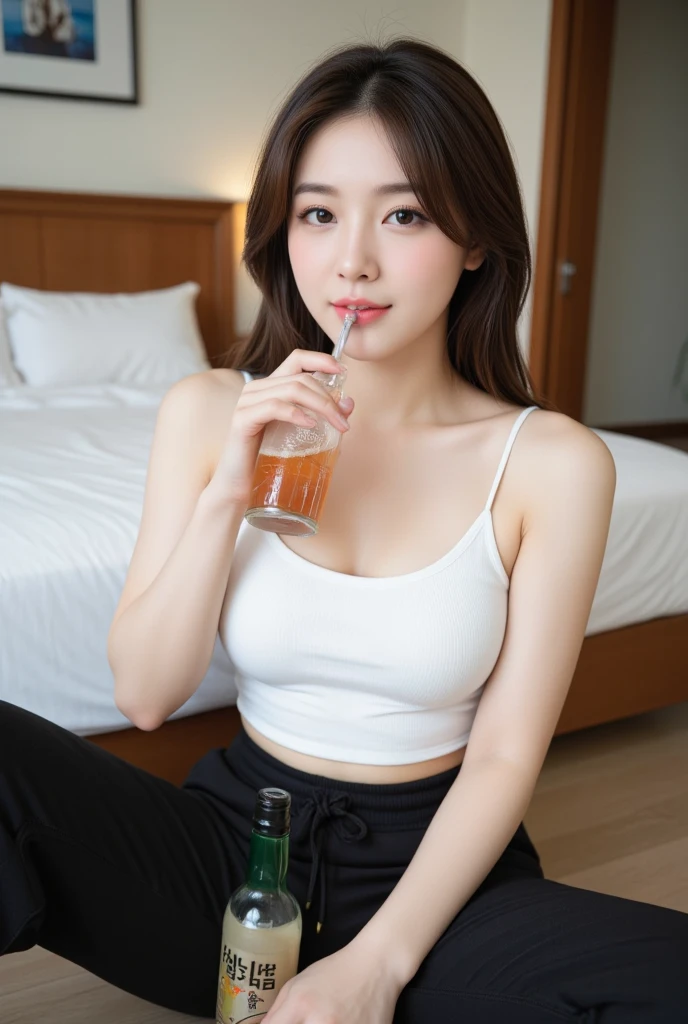 1girl,sitting on a cozy couch,crossing legs,soft light, red hair, on gym, have water on hand