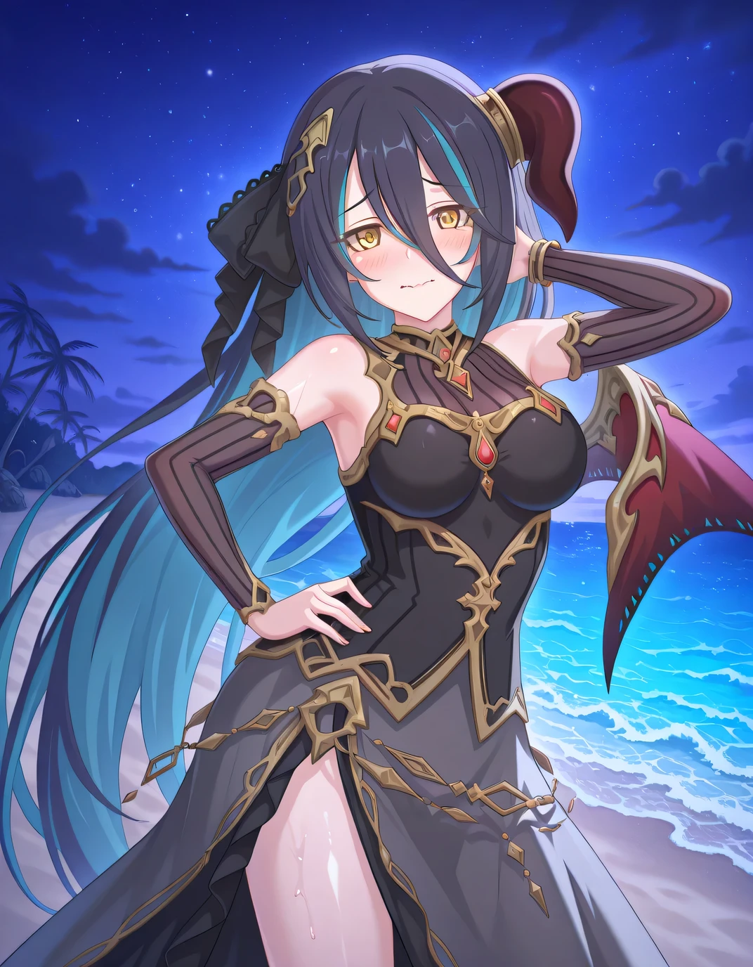 pcranpha, black hair, blue hair, very long hair, two-tone hair, streaked hair, single horn, horn ring, single wing, yellow eyes, hair between eyes, rnphdef, hair ribbon, black ribbon, hair ornament, black dress, sleeveless dress, gold trim, see-through cleavage, vertical-striped clothes, detached sleeves, grey sleeves, grey skirt, long skirt, overskirt, source anime, shiny skin, high quality, solo, night sky, beach, hand behind head, hand on hip, ((contrapposto)), closed mouth, cowboy shot, looking at viewer, wavy mouth, shy, blush, best quality