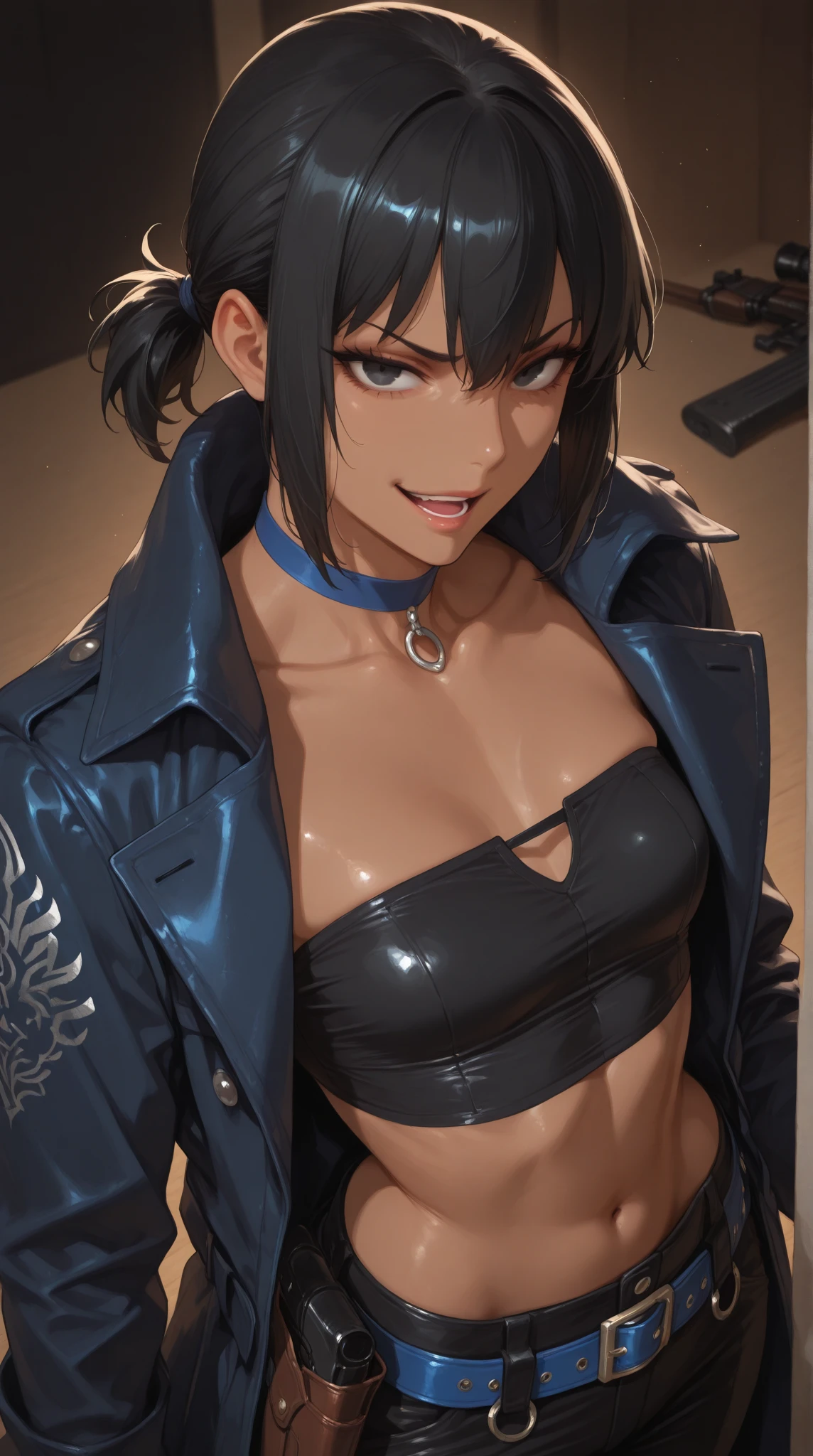(((1 girl))) (with blue short hair), voluptuous body, (yellow eyes with slit pupils), piercings, a cute smile, perfect hands, medium chest wearing punk clothes and shorts, best quality, high quality, super detailed, masterpiece, anatomically correct