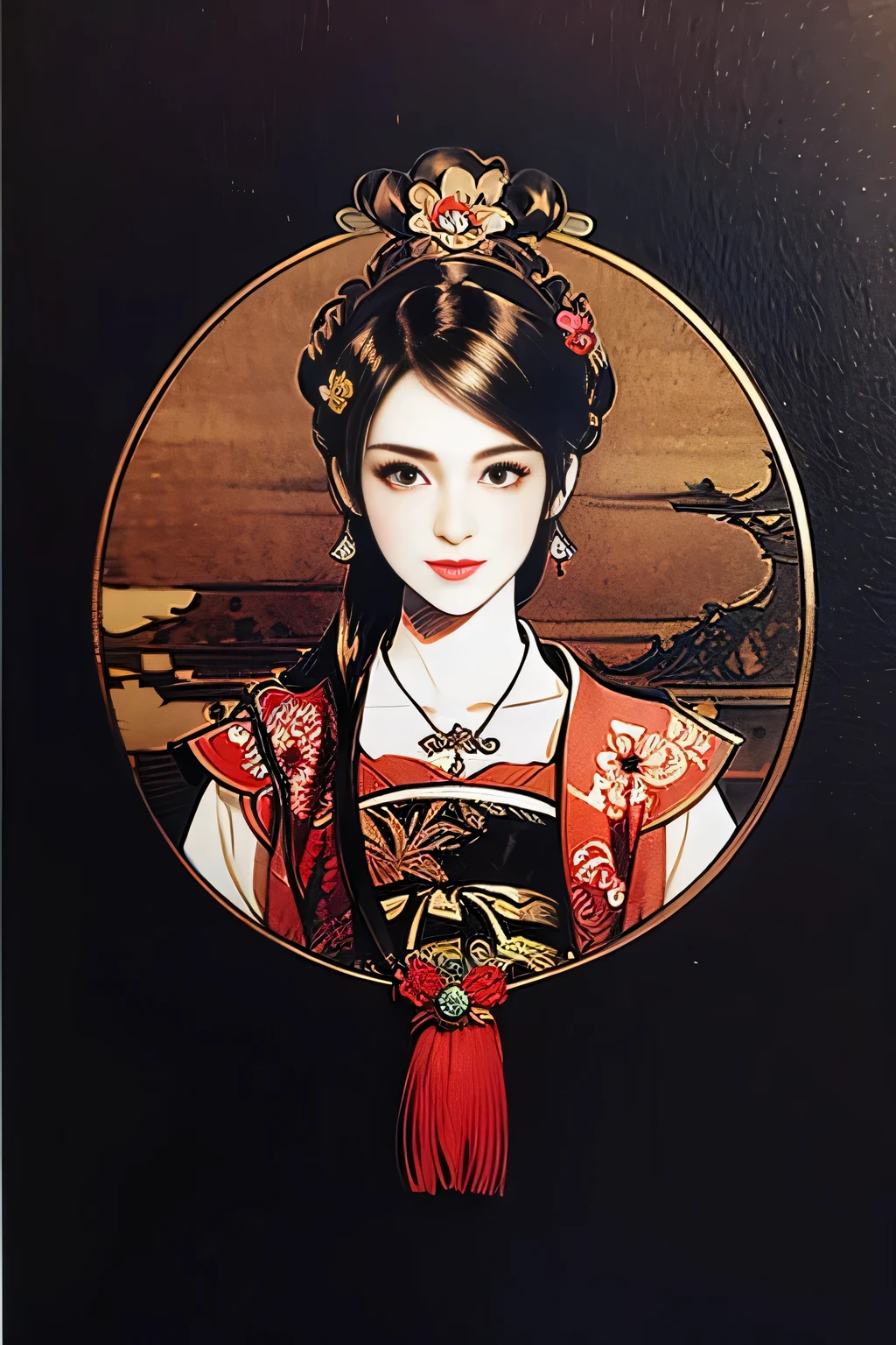 💋💋😊 ( beautiful woman in China), traditional Chinese dress, red floral pattern on sophisticated black satin , high collar, elegant pose, long black hair with updo , earrings, necklace, high contrast, detailed texture of the fabric, Ancient Beauty Paintings Symbolizing China, perfect art, Perfect drawing composition, Open the top slightly, placed in the center of the image area, The background is a brightly colored plum blossom, Camellia flower, 16K, masterpiece, top quality, High Definition, detailed illustration art,