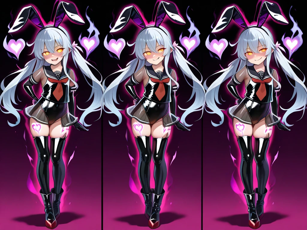 outrageous, best qualityer, 1 girl, standing alone, Red hair, purples eyes, long hair, big fit ass, oh Rabbit, bunny ears, red corset, gakuran, aprons, red ribbons around the neck, red skirt, headband, manga curta, wrist cuffs, white thigh highs, the jingle bells