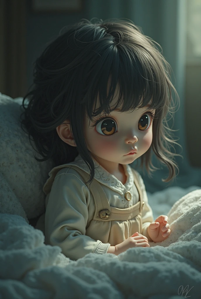 A child, fine features and dark hair, sitting on a sofa