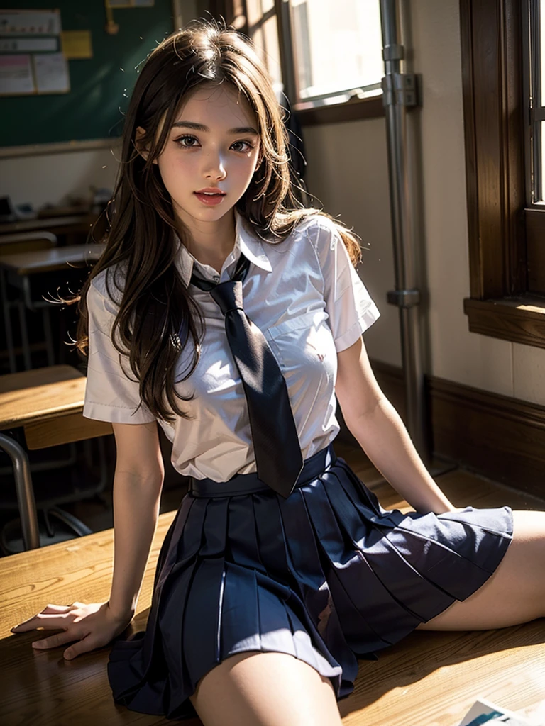 top-quality、hight resolution、ultra-detailliert、​masterpiece、(Raw photography:1.5)、realisitic、Photorealsitic:1.5、extremely delicate and beautiful、finely detail、1womanl、japanes、(ultra beautiful faces:2)、(Sitting on a chair in a classroom)、(high-school uniform)、(Plaid mini skirt)、(with spreading legs:1.3)、(I'm showing my panties:1.3)、(white  panties:1.2)、(At SFW:1.5)