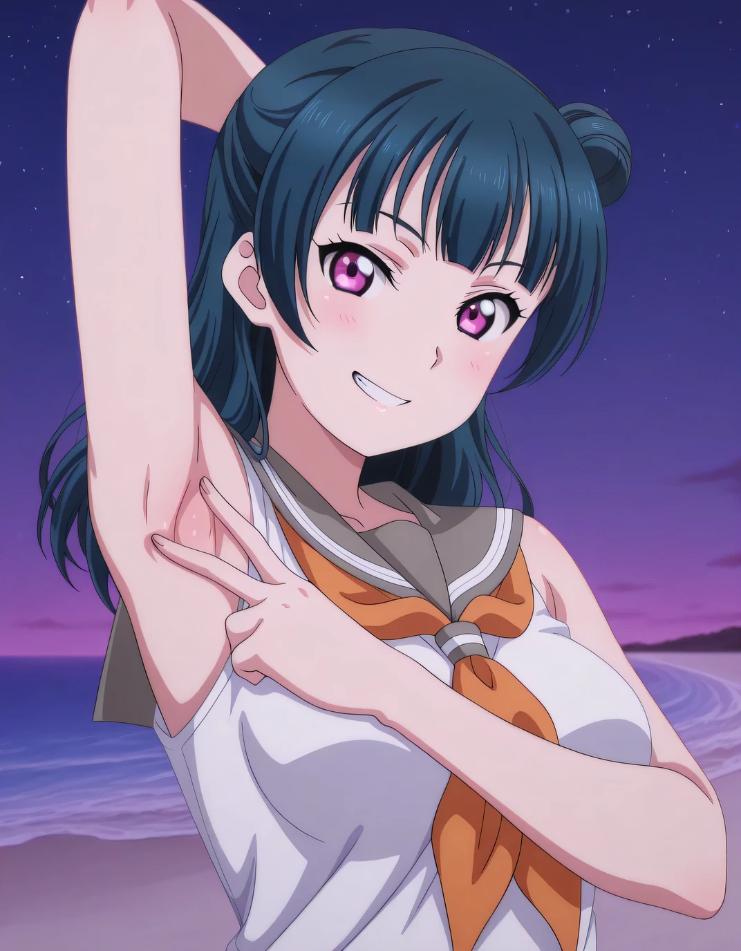 yoshiko tsushima, long hair, bangs, blue hair, pink eyes, hair bun, single hair bun, single side bun, mature female, medium breasts, anime screencap, shirt, white shirt, serafuku, neckerchief, orange neckerchief, sleeveless, high quality, solo, night sky, beach, spread armpit, armpits, armpit focus, v, looking at viewer, (contrapposto), closed mouth, upper body, looking at viewer, grin, best quality