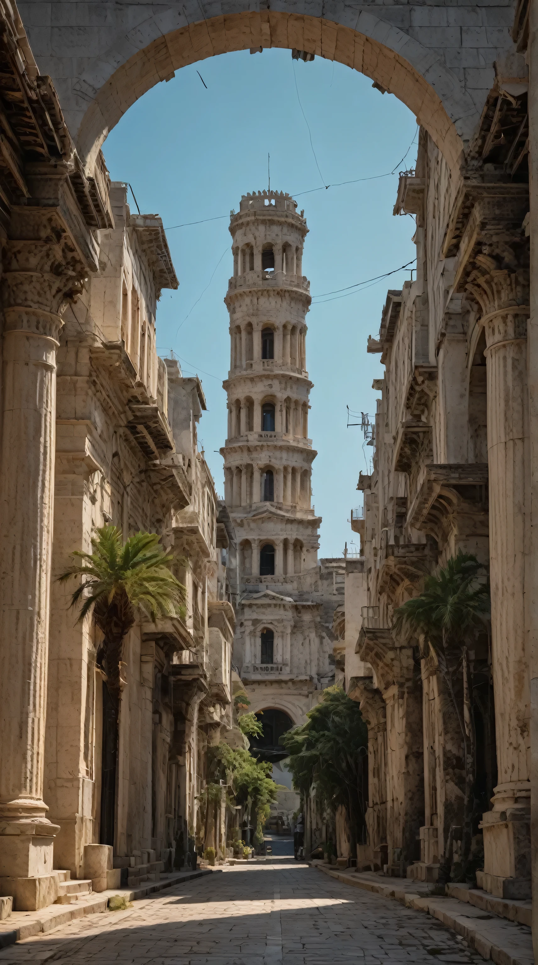 Brutalist_Architecture,Long-range shooting,Subjective perspective lens,ultra wide angle ncient City,Ancient Athenian Castle,Tall castle,Layering。royal castle。Arched doors 。Athenian architectural style。A lively street,A clean and tidy slate-paved road。There are coconut trees next to the street。{An empty scene}。{Ultra Realistic},{movie texture}。