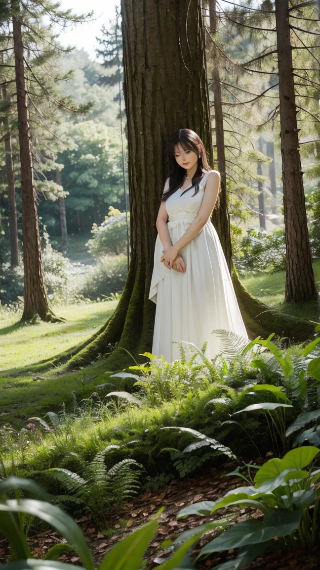 The image captures a scenario of serenity and charm, where a sakura tree is in full bloom. The woman, dressed elegantly in a flowing white dress, is standing under the tree, immersed in an aura of peace and contemplation.