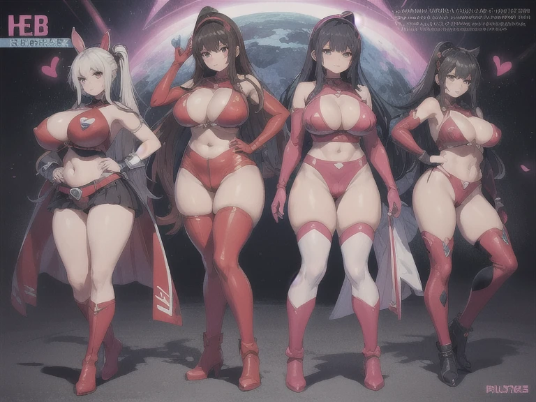 (masterpiece), maximum quality, (traditional media 80s:1.5), (4 girls, group shot:1.4), (slim body:1.1), (huge tits:1.5), (dark skin:1.1), (muscles:1.1), blonde hair, silver hair, twin tails, braid, forehead, (open mouth, happy smile:1.1), (wink:1.2), (jewelry, knight armor, intricate leotard with sleeves, bikini armor, see through clothing:1.2), garter belt, body suits, retrospective, rear view, back focus, medieval tavern