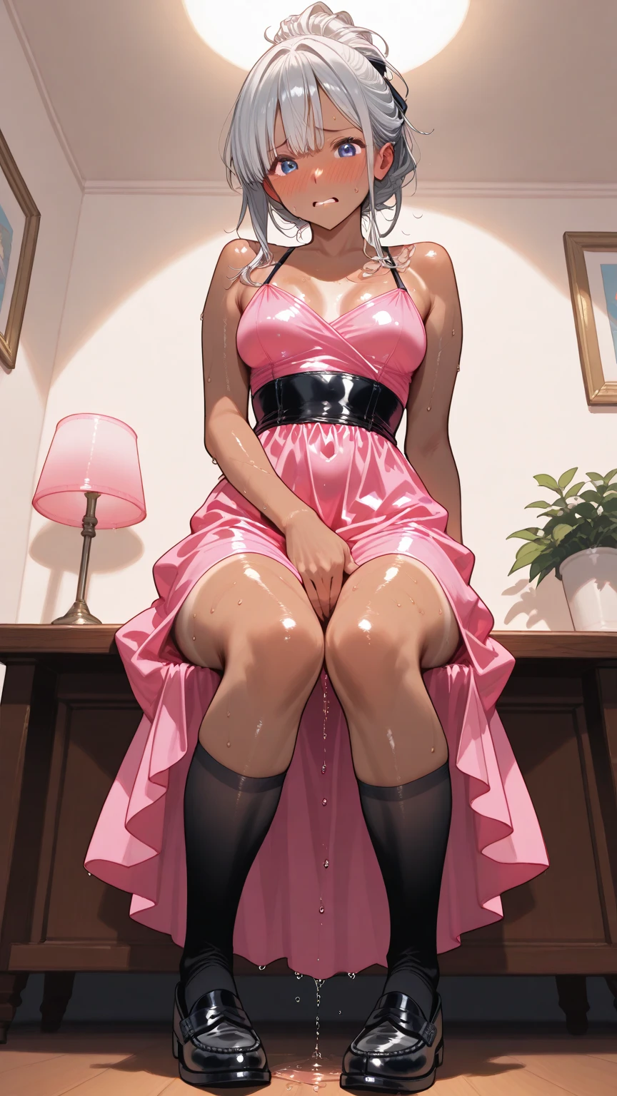 (masterpiece, Highest quality, 32K Wallpapers, Very detailed,portfolio),Blonde、((Huge breasts:1.8,Plump body:1.4))、((Latex nurse clothes、Long gloves in latex、Latex boots)),((Spread your legs and show your pussy:1.8)), nsfw,BDSM,bondage:1.6,The sheen of latex:2.0,Composition from below、At a dynamic angle