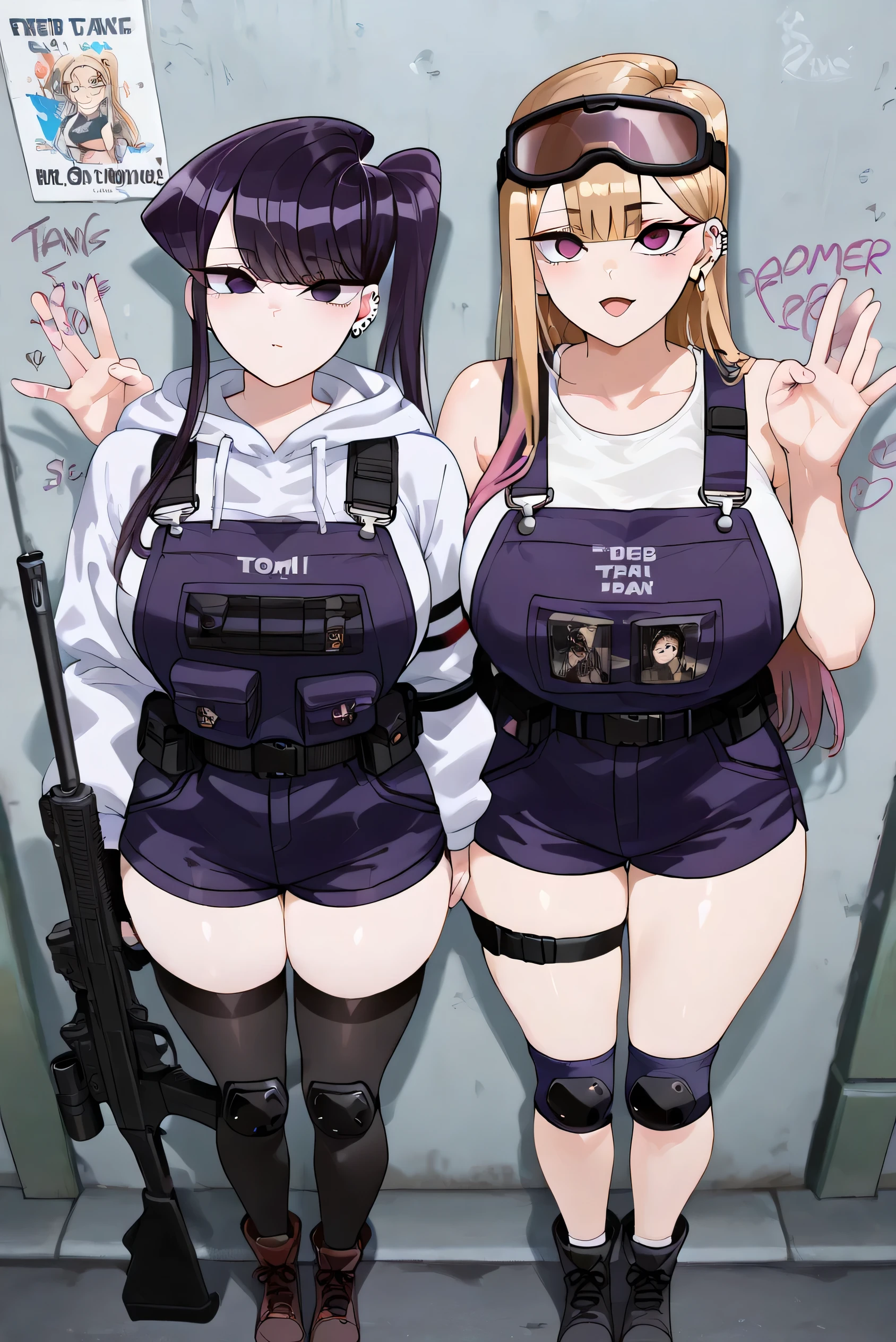 (masterpiece , top quality )City、summer、Road Ground、big platform boots、knee-high socks with asymmetrical lines、Gradation Hair、perspective、rifle、girl、big size jacket with paint on clothes、 leather material big size overalls shorts、looking up at clothes Panchira、medium breast size 、(2girls) (Komi Shouko \(Komi Can't Communicate\), purple hair, purple eyes, hair over one eye, long hair, huge breasts) (KJOmarin, long hair, hair between eyes, blonde hair, side ponytail, multicolored hair, pink eyes, earrings, ear piercing, huge breasts) team tank top tactical belt to carry a gun tactical belt to carry a gun Knee pads bike goggles on the head Airsoft Graffiti art on the wall sign splash art holds up a gun hand sign