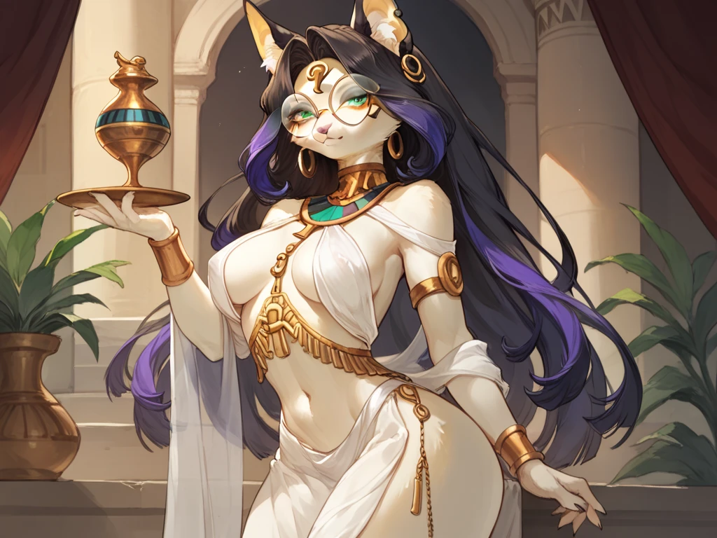 queen panther girl from ancient Egypt, (((panther woman,anthro furry cute,panther female warrior,panther-girl))),(((tail,panther tail,panther ears,thin panther tail,panther ears on head,big panther ears))),(large breasts:1.4,saggy breasts),((black hair:1.4,straight hair,long hair:1.4,colored inner hair)),(((red_eyes:1.3))),intricate eyes,beautiful detailed eyes,symmetrical eyes,((((lustrous skin:1.5,tanned skin,bright skin: 1.5,skin tanned,shiny skin,very shiny skin,shiny body)))),(spider lower abdomen,narrow waist,wide hip,athletic body,inflated legs),(((detailed face))),beautiful detailed lips, slutty,sensual,seductive look,seductive,((erotic)),opulent,(((nsfw))), (((huge cleavage))),revealing clothes,show skin,((underboob)),(barefoot,),Egyptian adornments,(((red veil))),desert warrior with little clothing,((tiny loincloth)),Egyptian tattoo,arms covered in Egyptian adornments,shoulder pad,(((nemes with that of the sphinx))),include hieroglyphics in clothing,((clothing in red and black and white colors)),((Egyptian designs on the arms)),(((Transparent cloth:1.1,wet clothes,intricate outfit,embroidered outfit,ornate outfit,intricate clothes,embroidered clothes,ornate clothes))), dynamic pose,looking at viewer,(smirk,beautiful smile),centered,scale to fit dimensions,Rule of thirds, inside a cavern,pillars,((pillars background,egyptian palace background)),scenery,extremely scenery,(torches,torches in the background),Egypt castle,(sunset, golden hour), (Glossy Egyptian ornaments),(top-quality,8K,32K,masterpiece),high resolution,(Photorealistic:1.4),Ray tracing,Sun glare,depth of fields,By backlight effect,Add depth to your screen,(((vibrant colors,vibrant theme))),(intricate),(high contrast,photorealistic artwork:1.37),(best quality,4k,highres,masterpiece:1.2),ultra-detailed,(realistic,photorealistic,photo-realistic:1.37),professional,