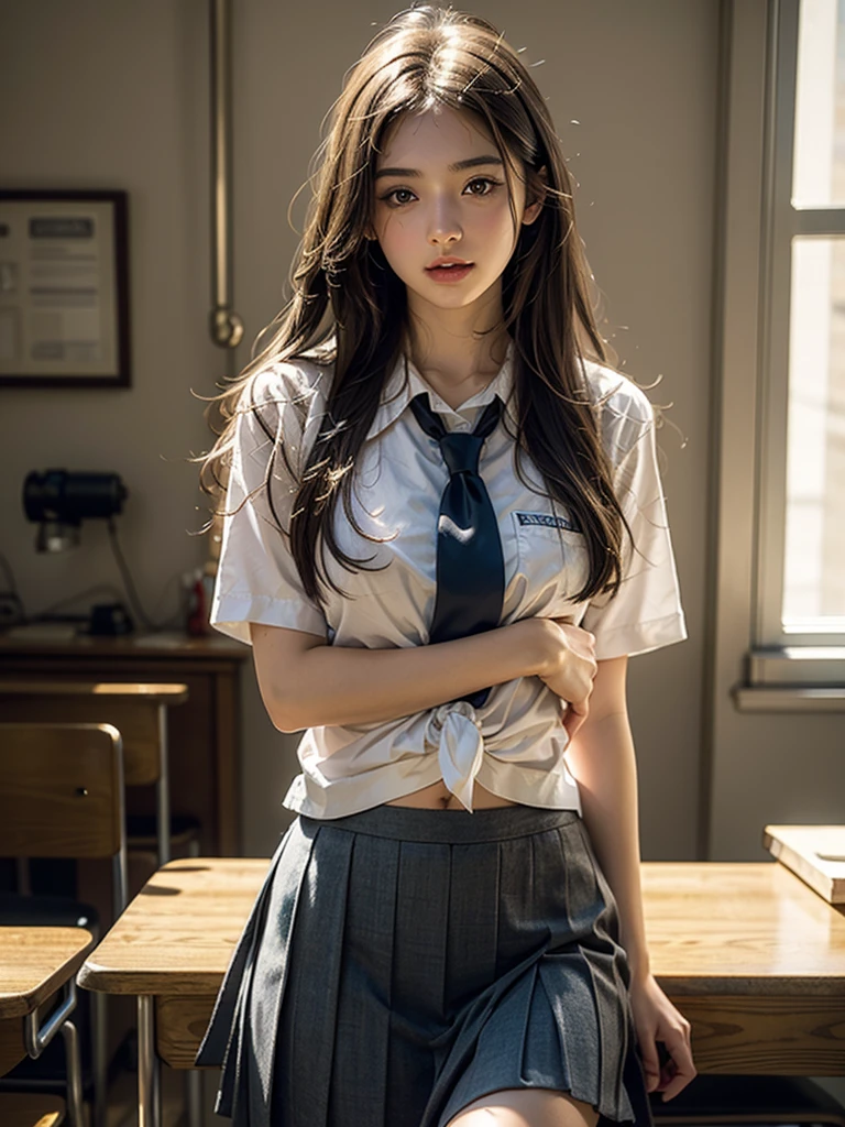 (1 girl), (sexy look:1.5), (flat chest:1.3), (very detailed目, very detailed顔), (超realistic, High resolution), (highest quality:1.4), (hyper quality), real skin texture, RAW photo, (realistic, Photoreal:1.37), very detailed, professional photography, (school uniform, pleated skirt:1.3), (look at me), (School, classroom), ((Face to face with me:1.4)), (from below:1.3), realistic private parts, lace panties, Japanese high school girl、超highest quality、masterpiece、超High resolution、written boundary depth、(Photoreal:1.4)、(award winning photos、信じられないほどのmasterpiece:1.3) 、RAW photography、golden ratio、Highly detailed CG Unity 8k wallpaper、detailed and complex、original、High resolution、RAW photo、(perfect body shape)、detailed and complex、Digital single-lens reflex camera、soft writing、(background person blur:1.1)、Sigma 85mmF/1.4、50mm Lenac lighting、nffsw、hyper real、color grade, Rear view,from below:1.3), (((Holding the hem of her skirt, she opens her legs and shows off her real pussy.:1.4))),