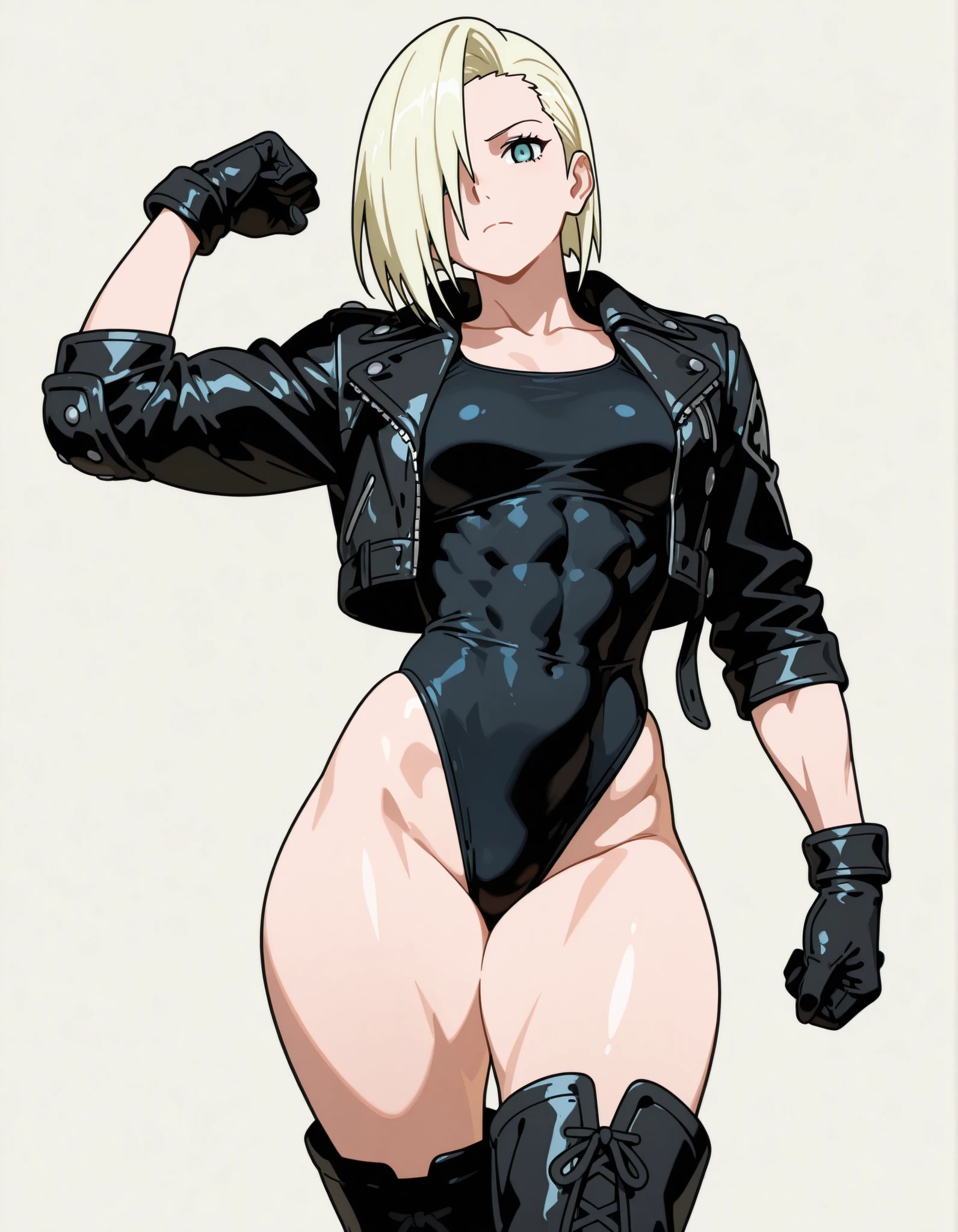 Beautiful woman in her 30s, blonde hair, long thin face, blue eyes, thin face, short hair, slicked back, emo bangs falling over one eye (Yamanaka Ino bangs), tall athletic woman, black swimsuit (one-piece), elbow pads, black gloves and boots, black jacket, leather jacket, thick thighs, athletic body, muscles, thin waist, defined abs, thin face. Masterpiece, best quality, 2D, flat shading, flat illustration, minimalist, pop art style, neopop, linear drawing, vector stroke, 1 girl, alone, medium breasts (plain background), looking at viewer, thick thighs, no makeup, in sexy pose, beautiful eyes, detailed eyes.