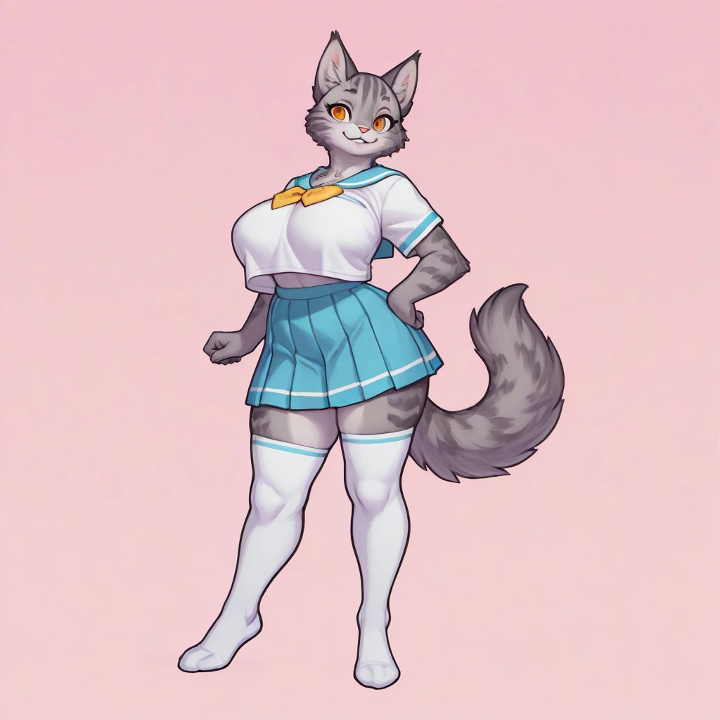 Small thin female bunny with nice big thighs and large breasts grey fur with white and cute blue eyes and she wears a pastel green bow full body and she is a toy and has life.