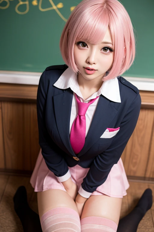 (photogenic, 8k, RAW photo, best quality, masterpiece:1.2), Blazer school uniform, mini skirt, voluptuous body, short pink hair, sitting at desk, black pants visible through crossed legs, pointing, beautiful face, black underwear, shiny thighs, pure white skin, Japan, school girl, realistic