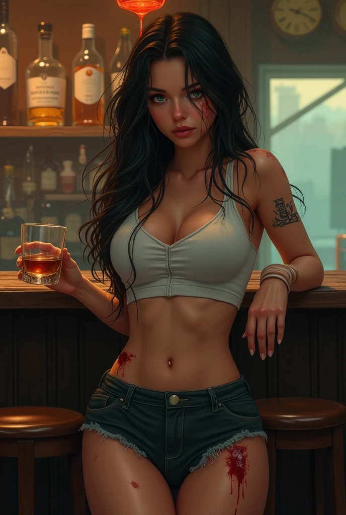 Girl, long black hair, intense green eyes, big breasts, sitting drinking, dressed in short shorts, strappy shirt, with legs crossed