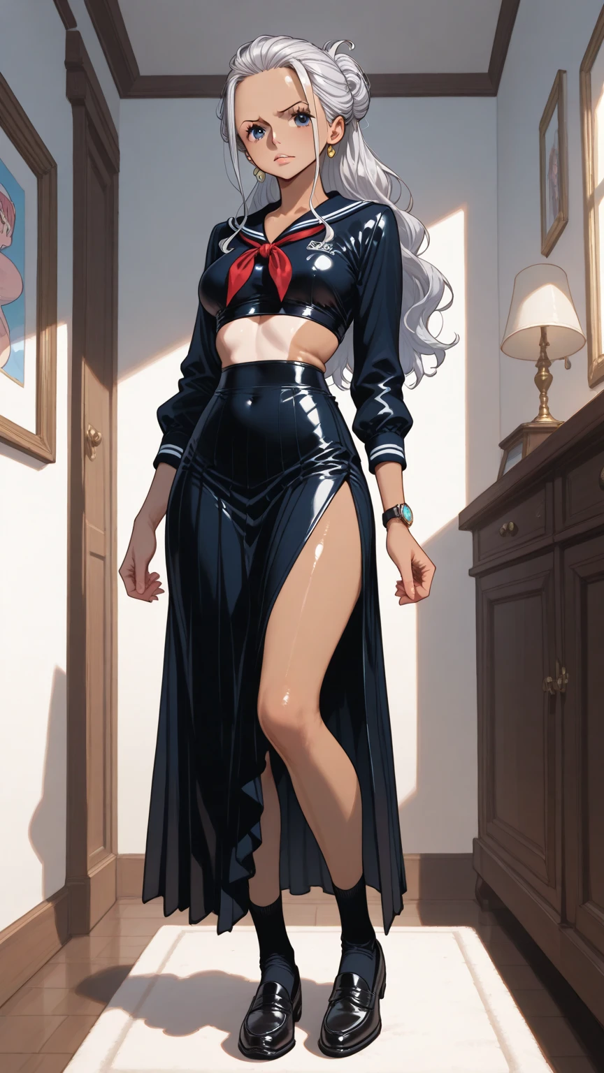 (Masterpiece, best quality, intricate details, 1sologirl) iron collar, arms behind back, iron cuffs, shackles, leather collar choker neck bell, bound ((standing by wooden pole:1.2)) ((female Black Dark skin Gyaru)) show entire body frontal position, feet in view, realistic, gorgeous 16y.o. darkest skinned mixed race female, black African, transparent black pantyhose, legs open, museum,barefoot no shoes, looking to viewer straight symmetrical, white silver long hair