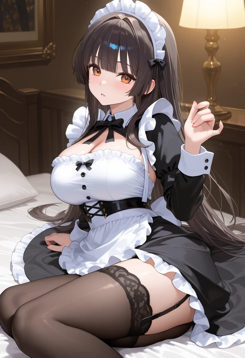woman,Bob Hair,Large Breasts,Maid clothes,Short sleeve,I can see the valley.Cute black gloves,Cat ears headband,Wear tights,Dark brown hair,Large Breasts,maid Cafe