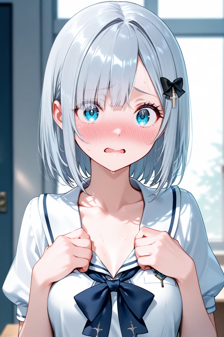 best quality, amazing quality, very aesthetic, absurdres, 1girl,arona (blue archive), blue archive, blue eyes, (artist official art:1.5), (realistic face:0.65), blush, breasts_apart, (loop writing:1.5), small breasts, orange color light, collarbone, commentary_request, cowboy_shot, downblouse, dress_shirt, green_skirt, hair_intakes, hanging_breasts, highres, lab_coat, leaning_forward, long_sleeves, looking_at_viewer, open_coat, open_mouth, sleeves_past_wrists, solo, white_background, white_shirt, nsfw, concept art, expressive eyes, perfect face, 4k, extremely detailed anime illustration, extremely detailed eyes, enhanced details, perfect anatomy, light rays, photo background, extremely delicate body, smooth skin, feminine expression, black background, cristal clear eyes, beautiful face