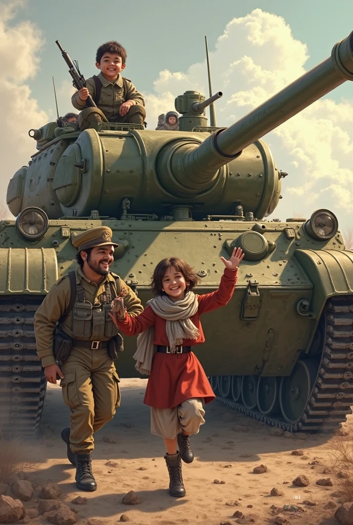 a military soldier in a tank find a girl but does not know if he should shoot her or not then her mom comes then they run away